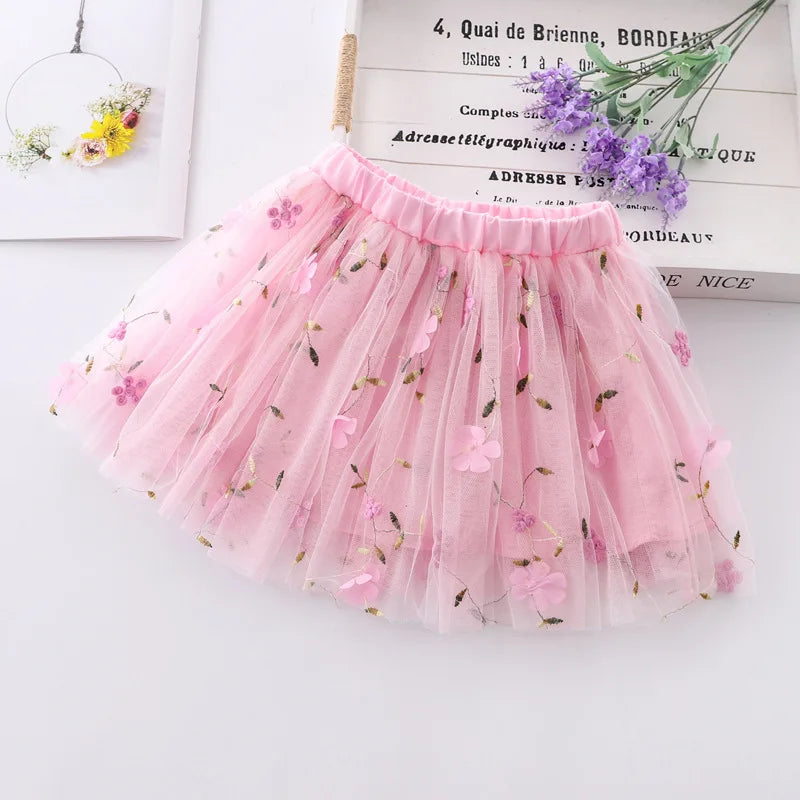 2025 Girls Korean Style  Gauze Skirts Embroidered Casual Mesh Summer Short Skirts for Children Girls
