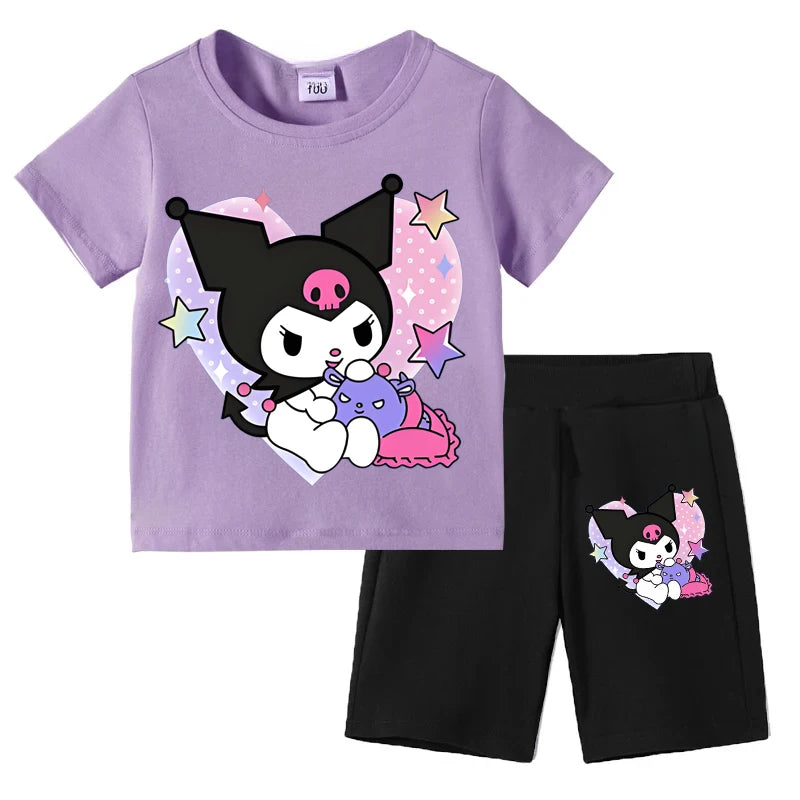 Sanrio Children's T-shirts Set Kuromi Printed Girls Summer Trend Baby Short Sleeve Shorts Two-piece Set Kids Outfits