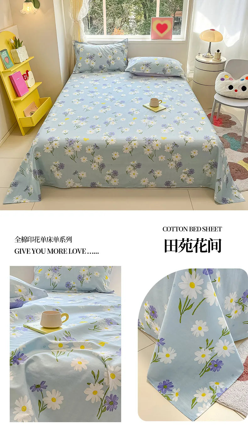 1pcs 100% Cotton Bed Sheet Flower Series Printed Double Top King Sheets for Girls Boys Kids Single Queen King Size Bed Linen