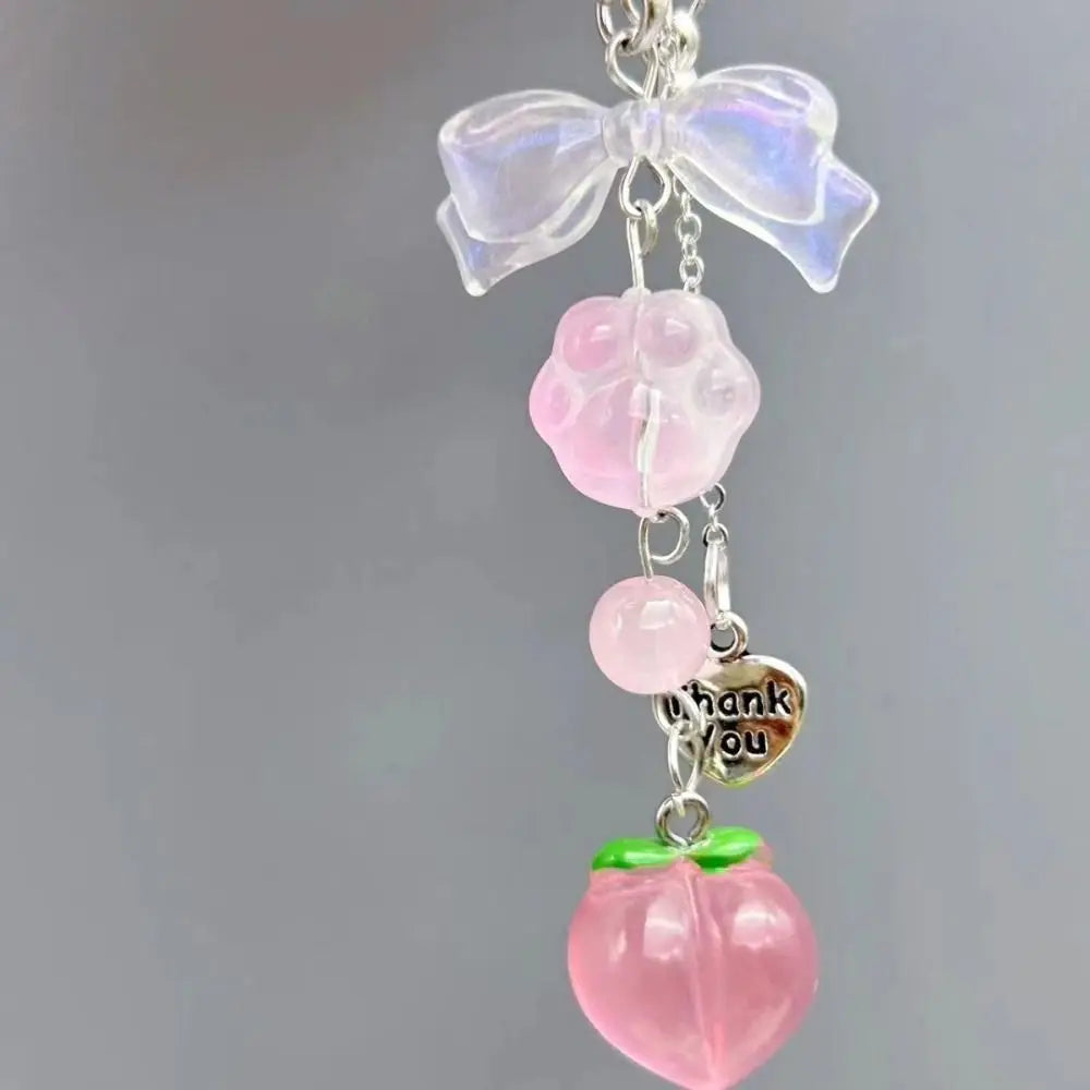 Pink Kawaii Y2K Peach Keychain New Chain Love Heart Keychain Phone Charms Cute Bowknot Bead Pendant Key Ring Sweet Girl Keychain