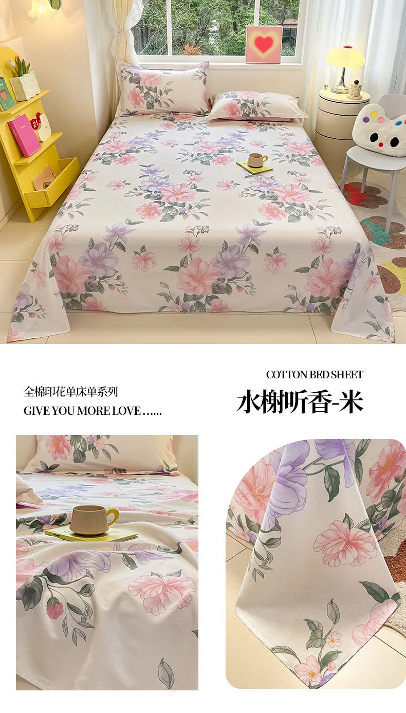 1pcs 100% Cotton Bed Sheet Flower Series Printed Double Top King Sheets for Girls Boys Kids Single Queen King Size Bed Linen