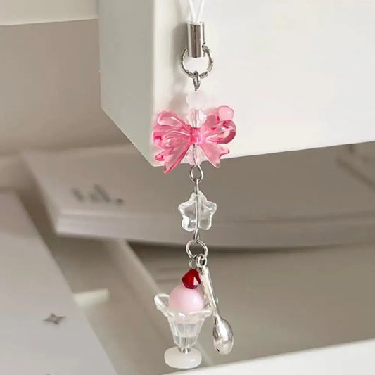 Pink Kawaii Y2K Peach Keychain New Chain Love Heart Keychain Phone Charms Cute Bowknot Bead Pendant Key Ring Sweet Girl Keychain