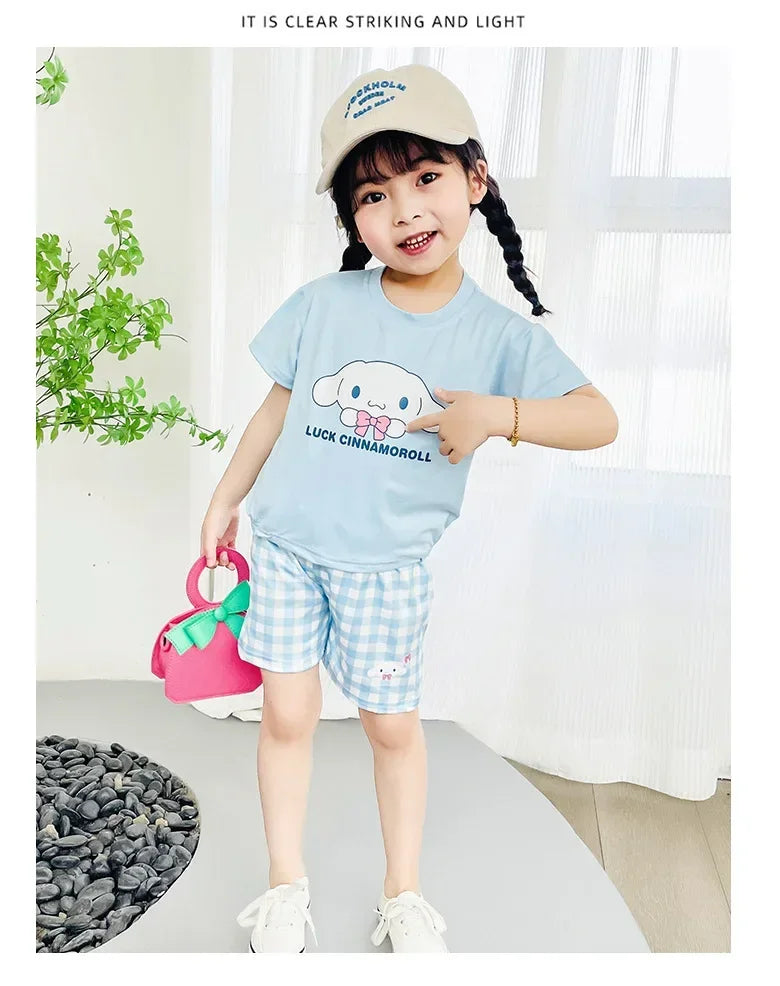 Kids Boys Girls Summer Cartoon Print Short Sleeve T-Shirt Tops with Shorts Toddler Baby Clothing Sets Kitty Kuromi Kids Outfits
