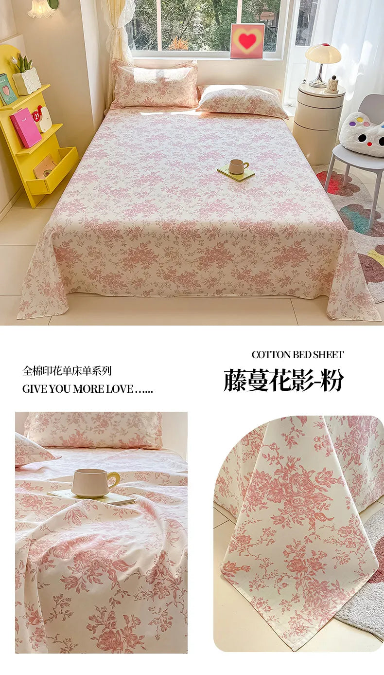 1pcs 100% Cotton Bed Sheet Flower Series Printed Double Top King Sheets for Girls Boys Kids Single Queen King Size Bed Linen
