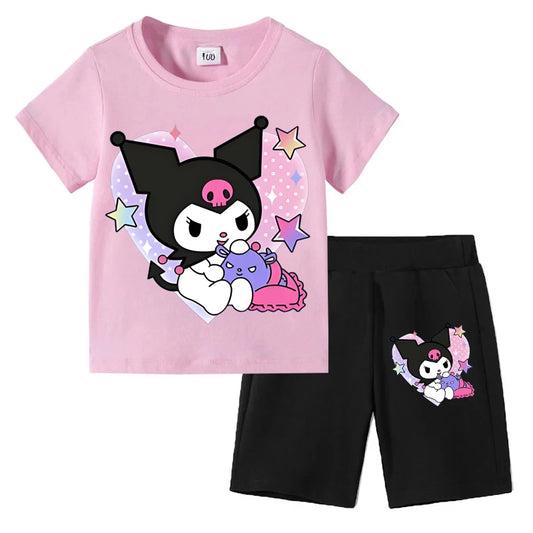 Sanrio Children's T-shirts Set Kuromi Printed Girls Summer Trend Baby Short Sleeve Shorts Two-piece Set Kids Outfits