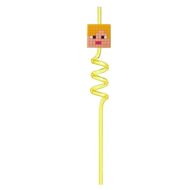 8pcs MineCraftes Straw Reusable My World Miner Plastic Spiral Drinking Straws Kids Birthday Party Decorations Juice Straws