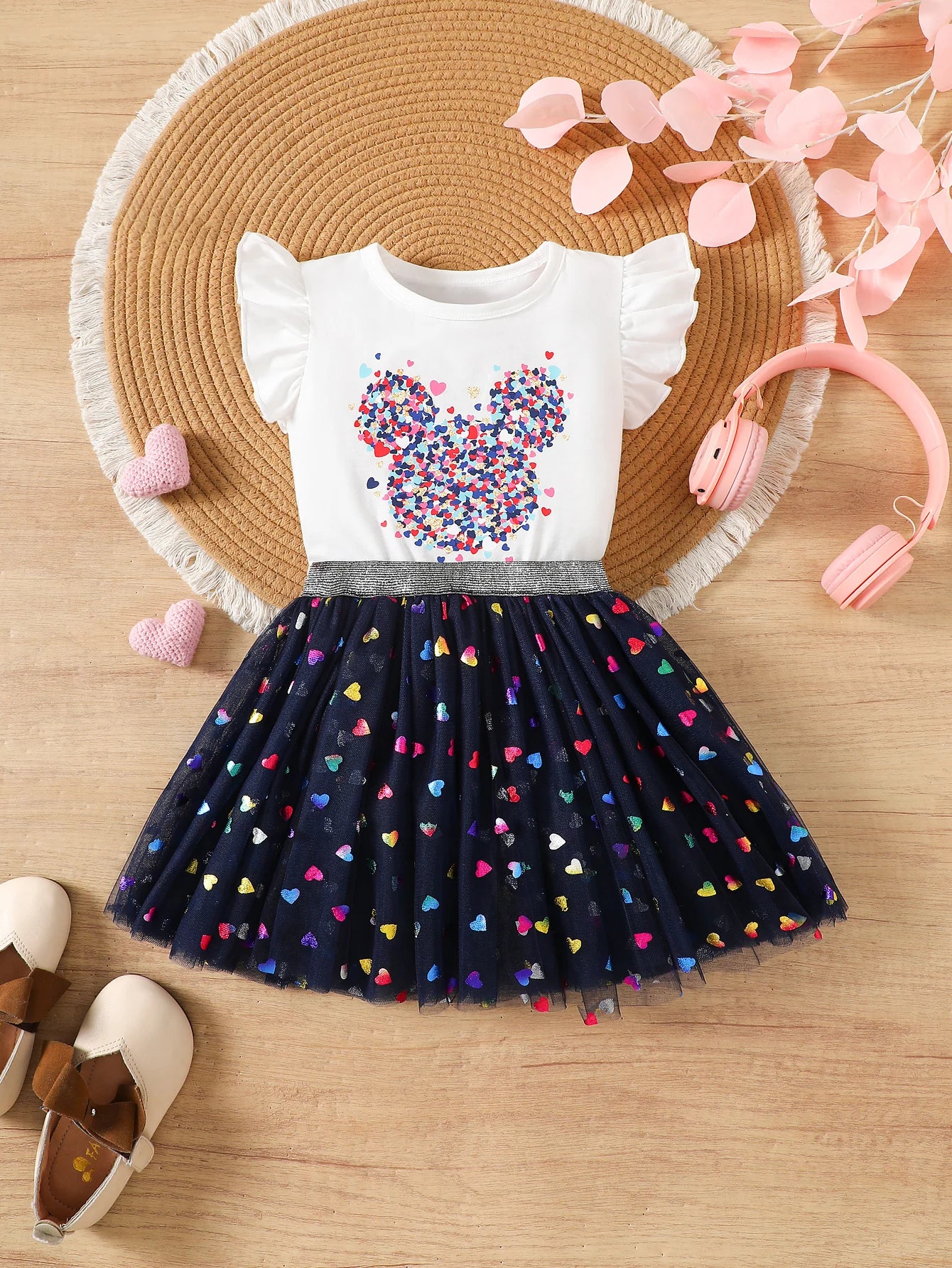 Summer toddler Girls' Clothing Sets Heart Print Short-Sleeved Tops Colorful hearts Tutu Skirt 2Pcs Outfits Valentine's Day Gift