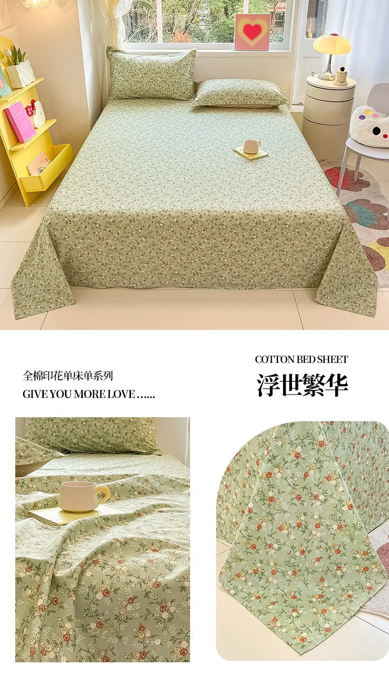 1pcs 100% Cotton Bed Sheet Flower Series Printed Double Top King Sheets for Girls Boys Kids Single Queen King Size Bed Linen