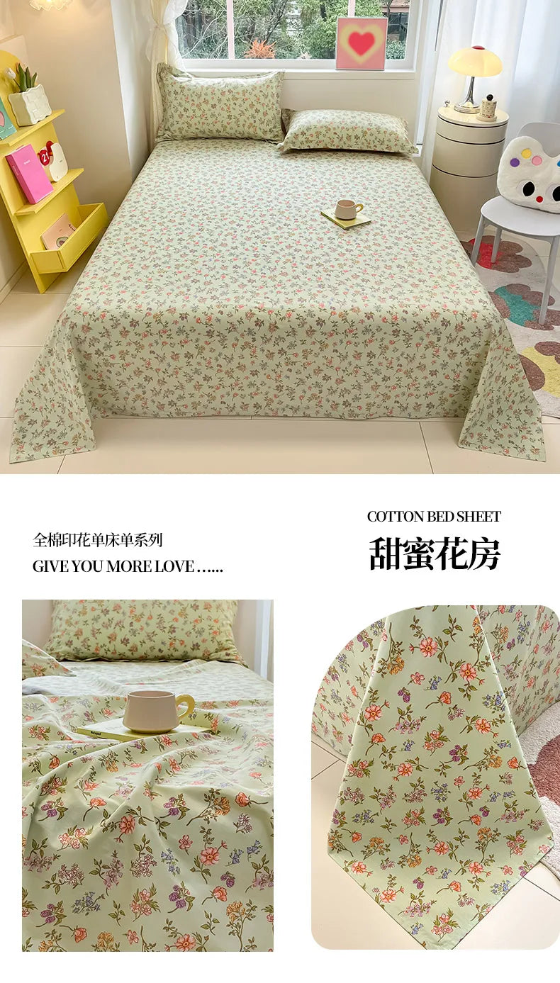 1pcs 100% Cotton Bed Sheet Flower Series Printed Double Top King Sheets for Girls Boys Kids Single Queen King Size Bed Linen