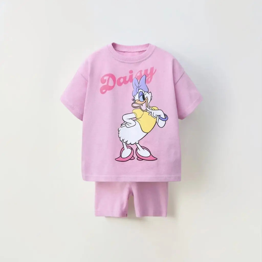 0-7Year Girls Outfits Pink TShirt Tights Shorts 2pcs Cartoon Cute Tees Solid Color Shorts Loose Casual Costume Baby Clothing