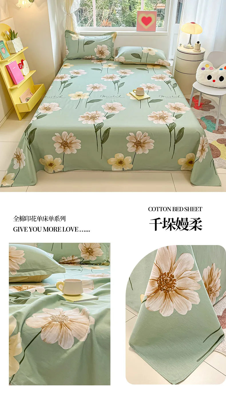 1pcs 100% Cotton Bed Sheet Flower Series Printed Double Top King Sheets for Girls Boys Kids Single Queen King Size Bed Linen