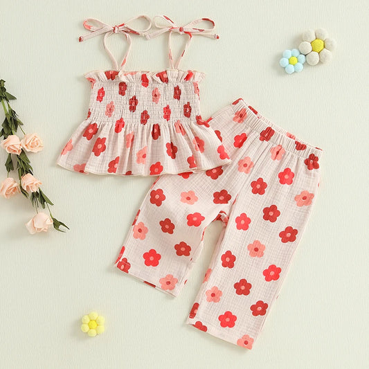Girls Floral Print Sleeveless Top and Pants Set Tie-up Pleated Camisole with Trousers Summer Outfit for Kids
