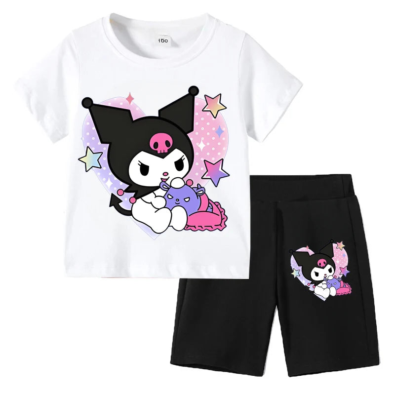 Sanrio Children's T-shirts Set Kuromi Printed Girls Summer Trend Baby Short Sleeve Shorts Two-piece Set Kids Outfits