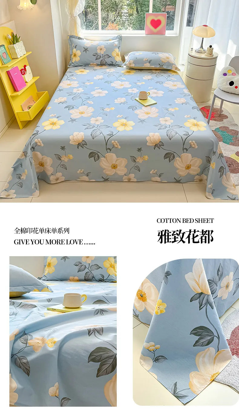 1pcs 100% Cotton Bed Sheet Flower Series Printed Double Top King Sheets for Girls Boys Kids Single Queen King Size Bed Linen