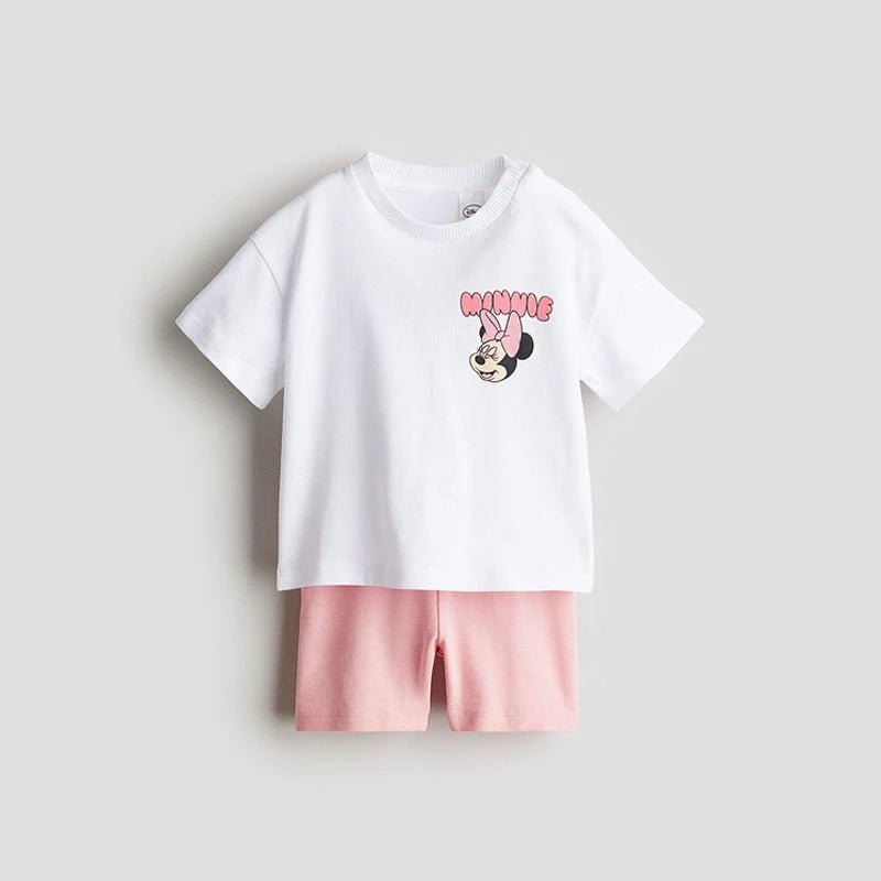 0-7Year Girls Outfits Pink TShirt Tights Shorts 2pcs Cartoon Cute Tees Solid Color Shorts Loose Casual Costume Baby Clothing
