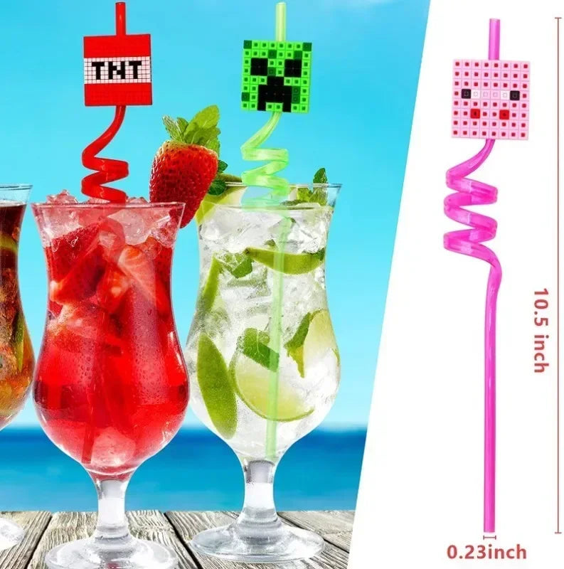 8pcs MineCraftes Straw Reusable My World Miner Plastic Spiral Drinking Straws Kids Birthday Party Decorations Juice Straws