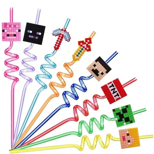 8pcs MineCraftes Straw Reusable My World Miner Plastic Spiral Drinking Straws Kids Birthday Party Decorations Juice Straws