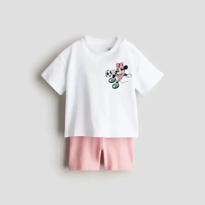 0-7Year Girls Outfits Pink TShirt Tights Shorts 2pcs Cartoon Cute Tees Solid Color Shorts Loose Casual Costume Baby Clothing