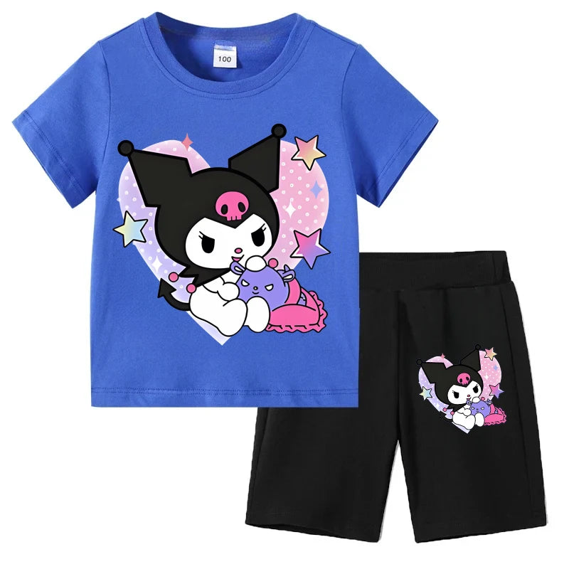 Sanrio Children's T-shirts Set Kuromi Printed Girls Summer Trend Baby Short Sleeve Shorts Two-piece Set Kids Outfits