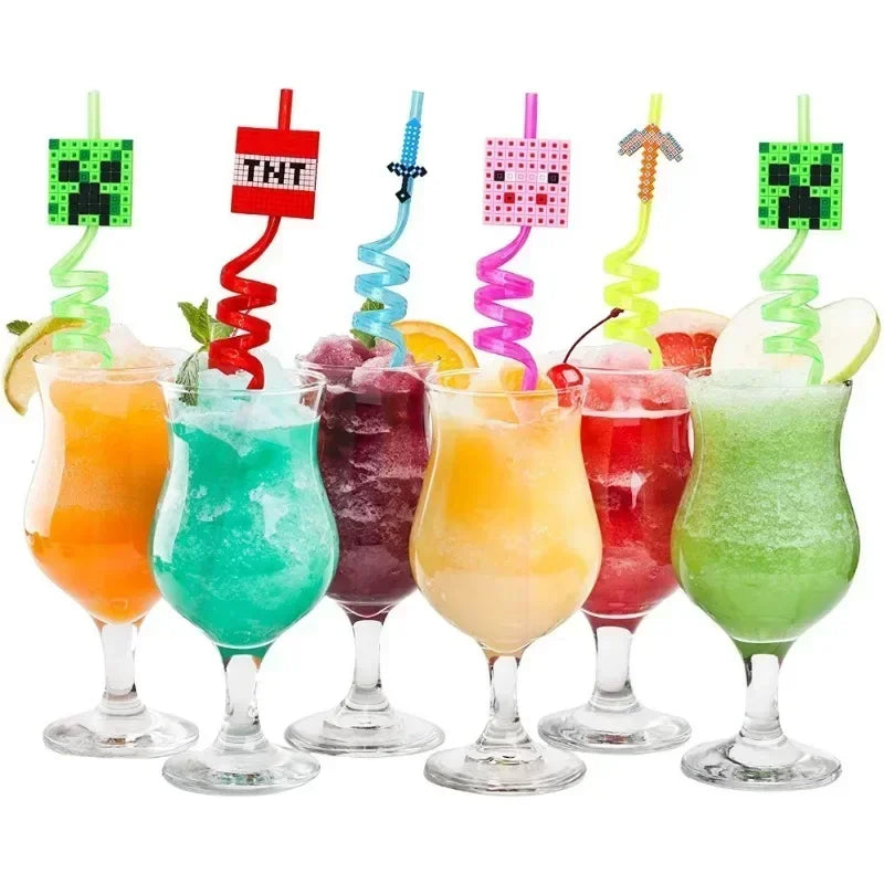 8pcs MineCraftes Straw Reusable My World Miner Plastic Spiral Drinking Straws Kids Birthday Party Decorations Juice Straws
