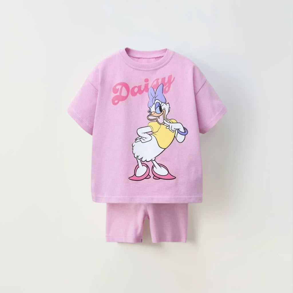 0-7Year Girls Outfits Pink TShirt Tights Shorts 2pcs Cartoon Cute Tees Solid Color Shorts Loose Casual Costume Baby Clothing