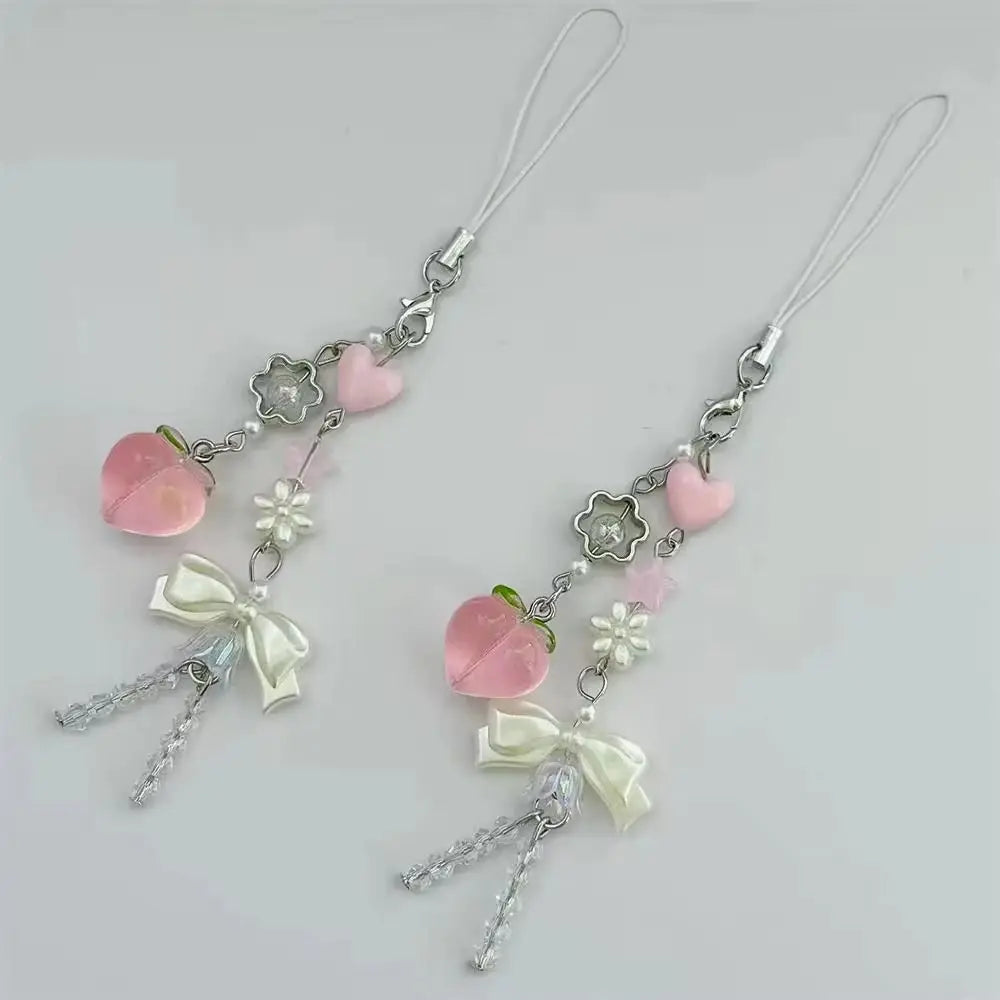 Pink Kawaii Y2K Peach Keychain New Chain Love Heart Keychain Phone Charms Cute Bowknot Bead Pendant Key Ring Sweet Girl Keychain