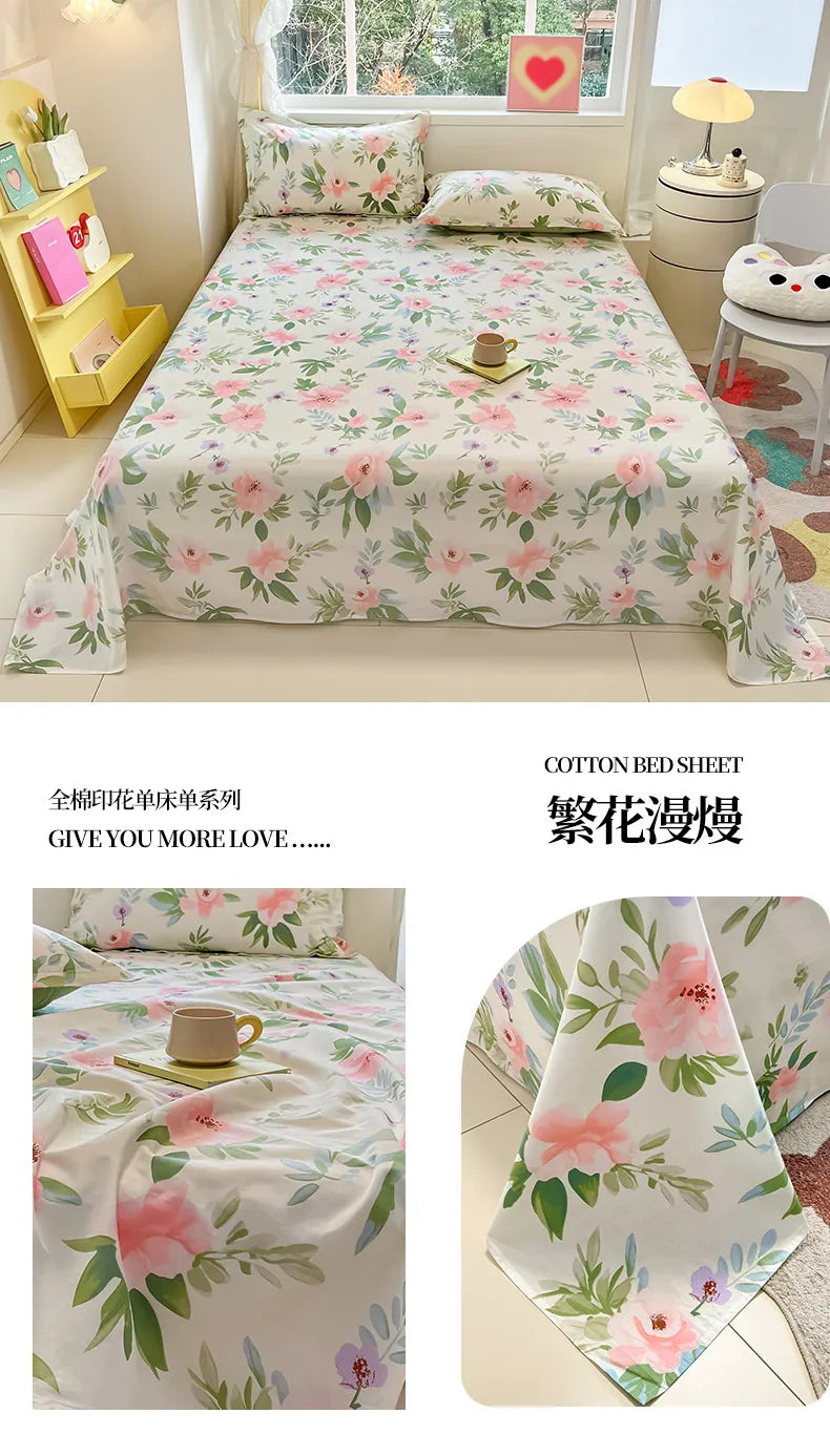 1pcs 100% Cotton Bed Sheet Flower Series Printed Double Top King Sheets for Girls Boys Kids Single Queen King Size Bed Linen