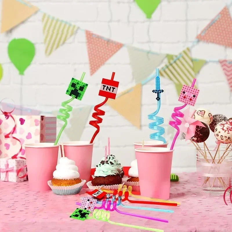 8pcs MineCraftes Straw Reusable My World Miner Plastic Spiral Drinking Straws Kids Birthday Party Decorations Juice Straws
