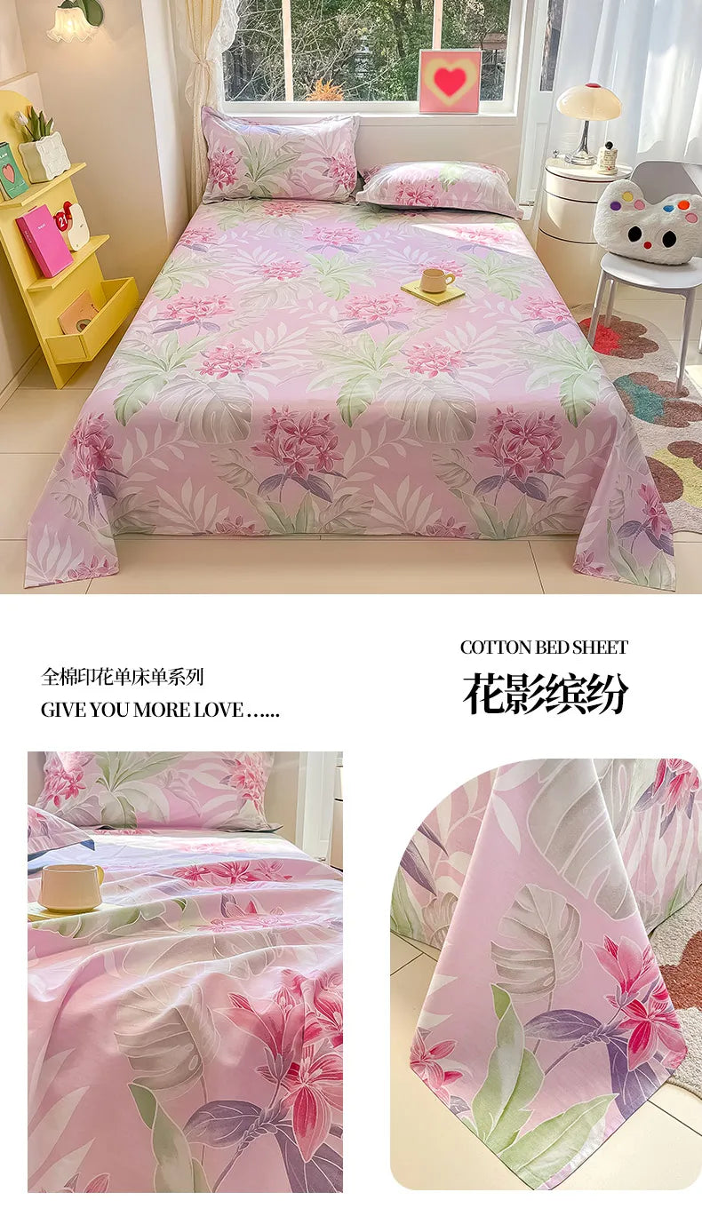 1pcs 100% Cotton Bed Sheet Flower Series Printed Double Top King Sheets for Girls Boys Kids Single Queen King Size Bed Linen