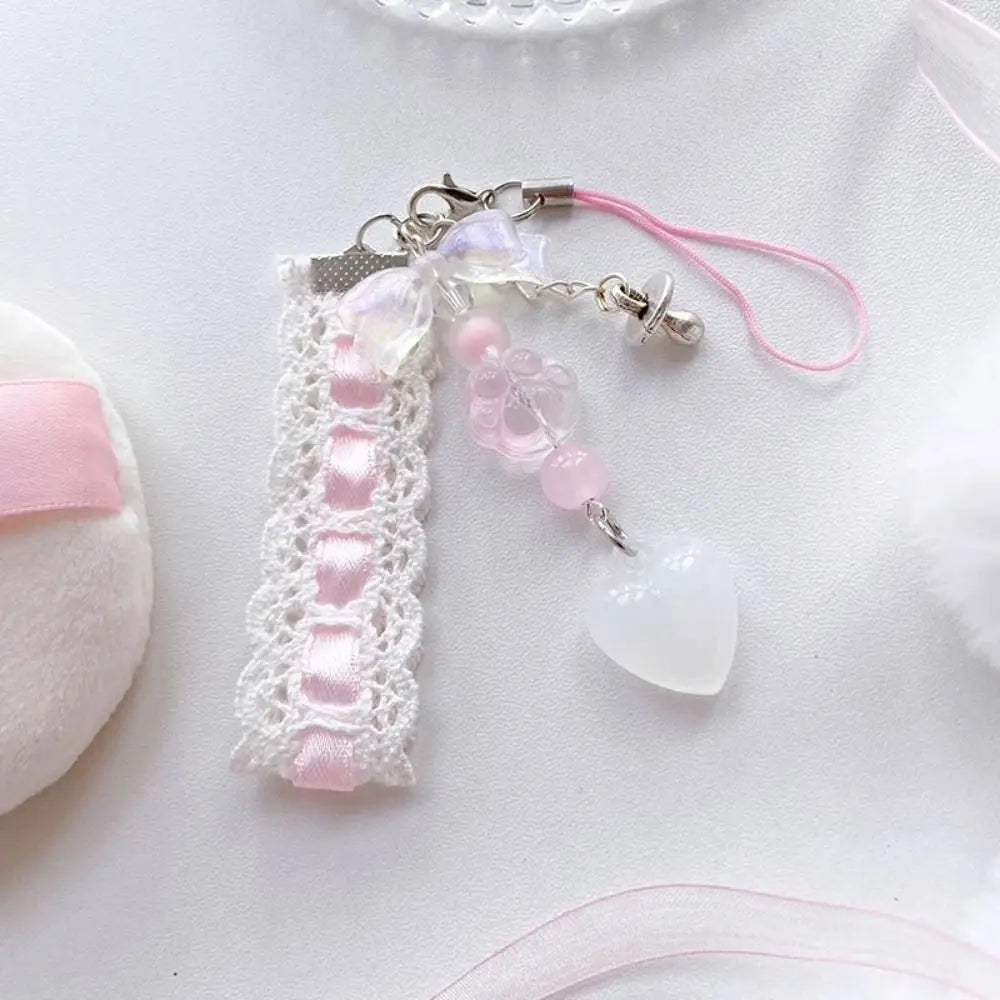 Pink Kawaii Y2K Peach Keychain New Chain Love Heart Keychain Phone Charms Cute Bowknot Bead Pendant Key Ring Sweet Girl Keychain