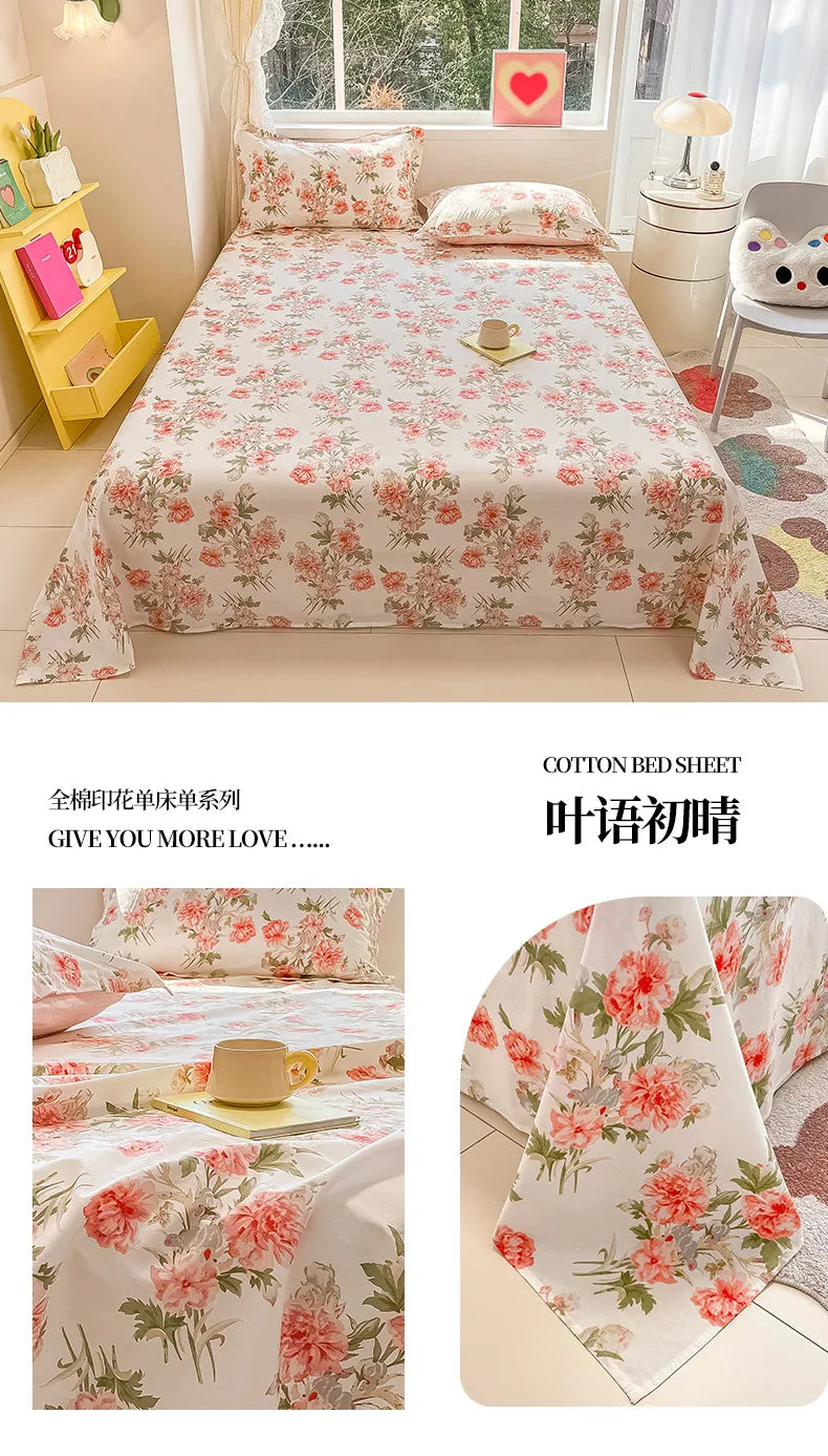 1pcs 100% Cotton Bed Sheet Flower Series Printed Double Top King Sheets for Girls Boys Kids Single Queen King Size Bed Linen