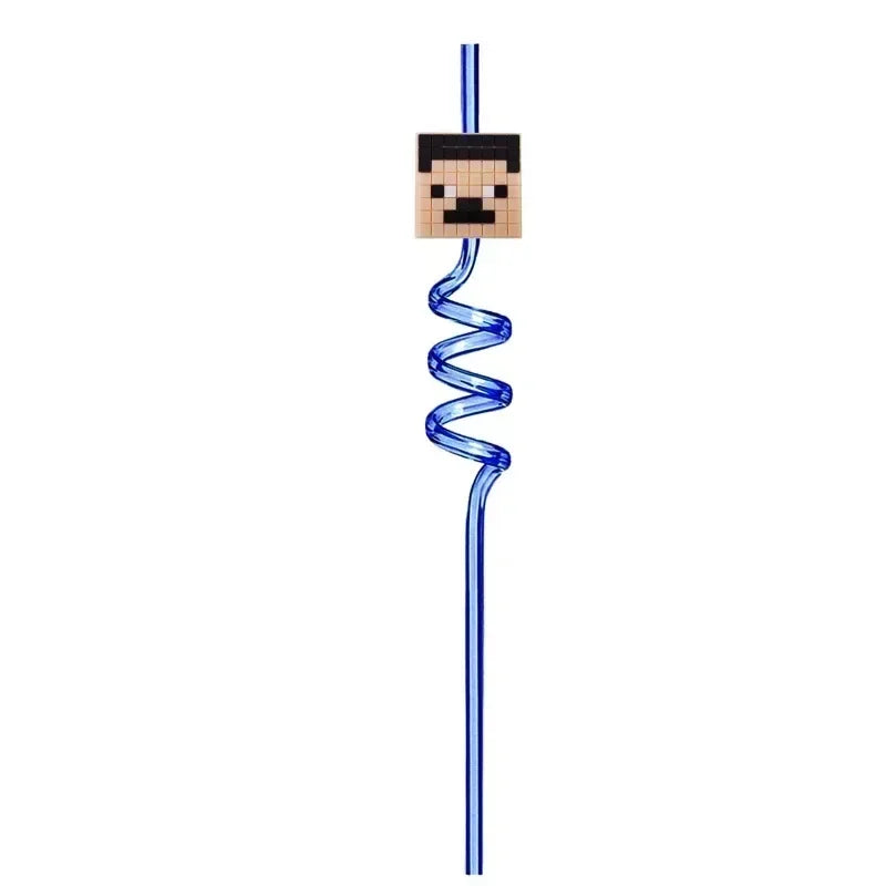 8pcs MineCraftes Straw Reusable My World Miner Plastic Spiral Drinking Straws Kids Birthday Party Decorations Juice Straws
