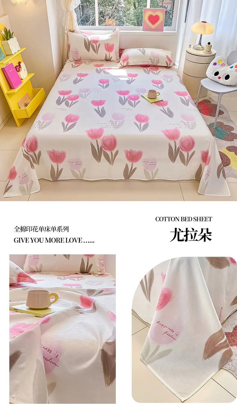 1pcs 100% Cotton Bed Sheet Flower Series Printed Double Top King Sheets for Girls Boys Kids Single Queen King Size Bed Linen
