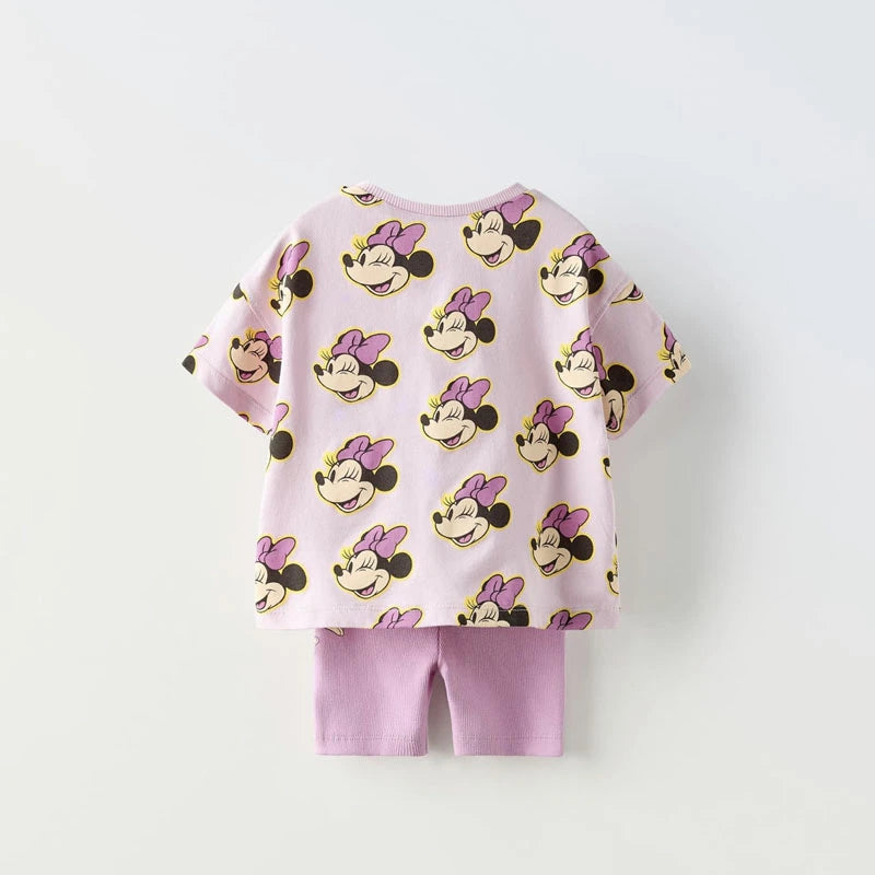 0-7Year Girls Outfits Pink TShirt Tights Shorts 2pcs Cartoon Cute Tees Solid Color Shorts Loose Casual Costume Baby Clothing