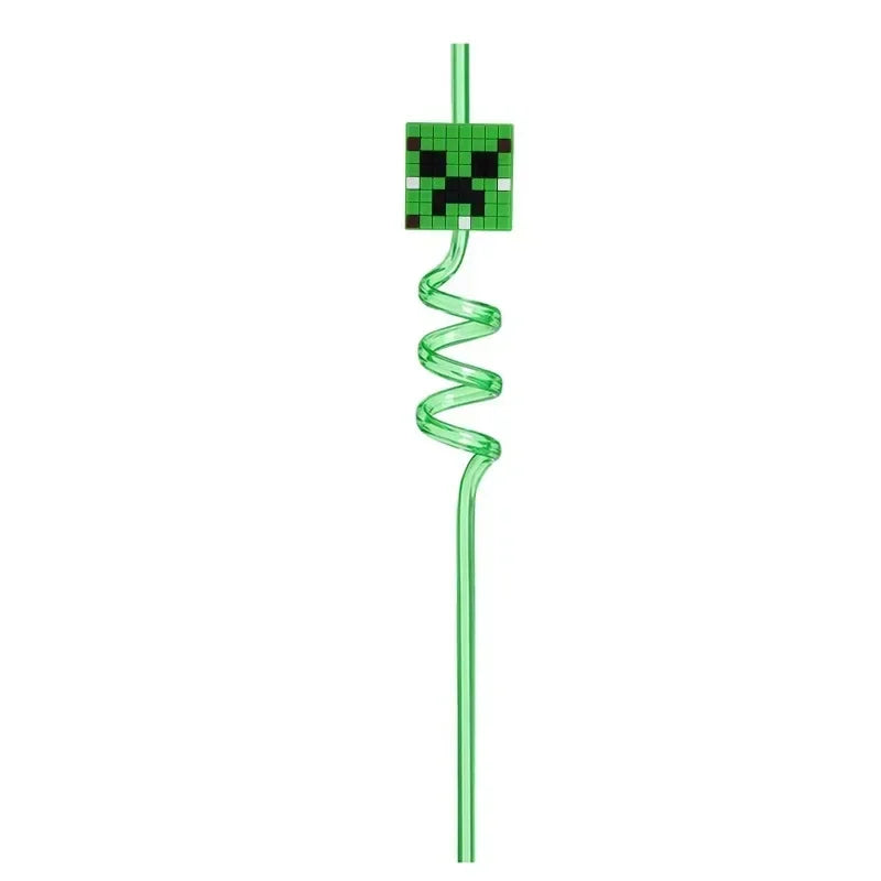 8pcs MineCraftes Straw Reusable My World Miner Plastic Spiral Drinking Straws Kids Birthday Party Decorations Juice Straws