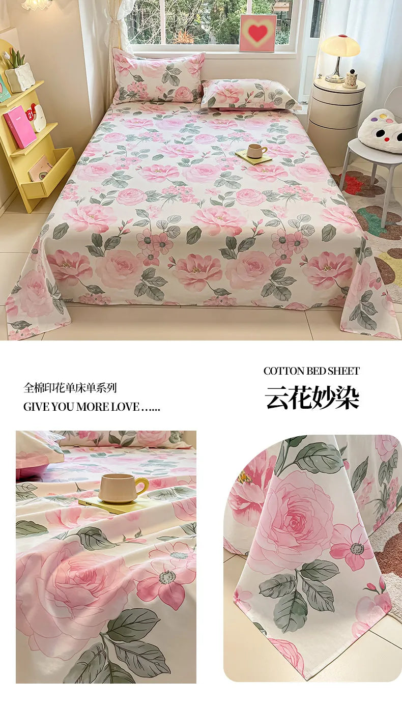 1pcs 100% Cotton Bed Sheet Flower Series Printed Double Top King Sheets for Girls Boys Kids Single Queen King Size Bed Linen