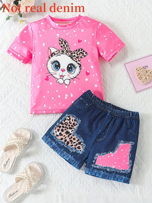 2pcs Summer Girls' Short-sleeved Casual Holiday Bow Kitten Print Children's Suit