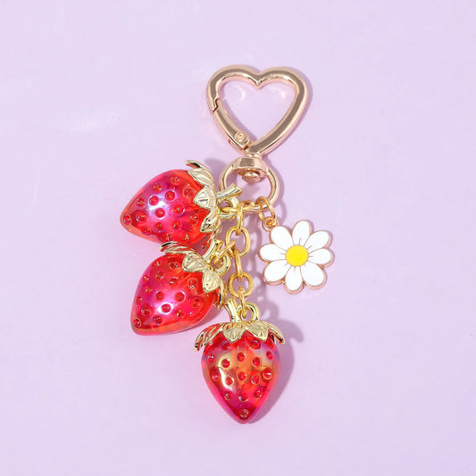 Cute Strawberry Bag Pendant Keychain Kawaii Heart Flower Daisy Key Chain for Women Girs Bag Purse Pendant Accessories Gift