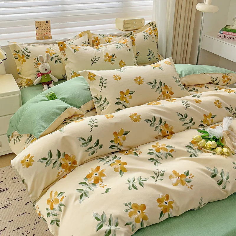 4pcs, 100% cotton bedding set, four piece sheet set comfort set girly fresh style couple bed comforter set
