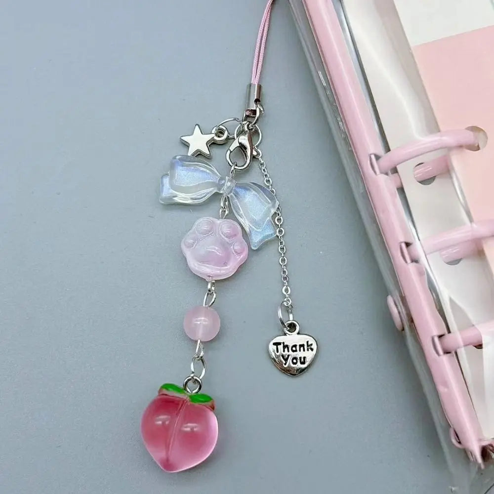 Pink Kawaii Y2K Peach Keychain New Chain Love Heart Keychain Phone Charms Cute Bowknot Bead Pendant Key Ring Sweet Girl Keychain
