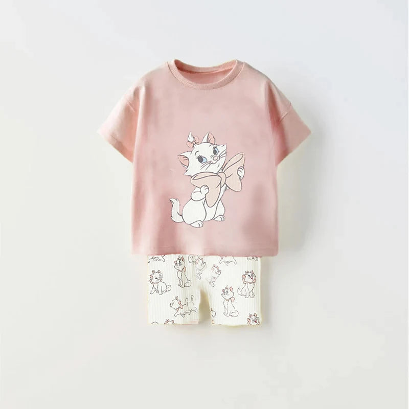 0-7Year Girls Outfits Pink TShirt Tights Shorts 2pcs Cartoon Cute Tees Solid Color Shorts Loose Casual Costume Baby Clothing