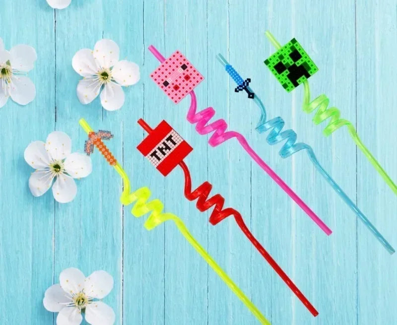 8pcs MineCraftes Straw Reusable My World Miner Plastic Spiral Drinking Straws Kids Birthday Party Decorations Juice Straws