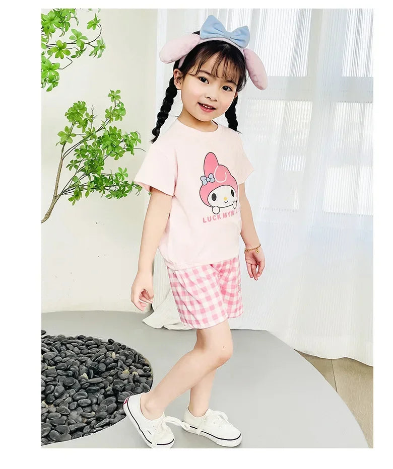 Kids Boys Girls Summer Cartoon Print Short Sleeve T-Shirt Tops with Shorts Toddler Baby Clothing Sets Kitty Kuromi Kids Outfits