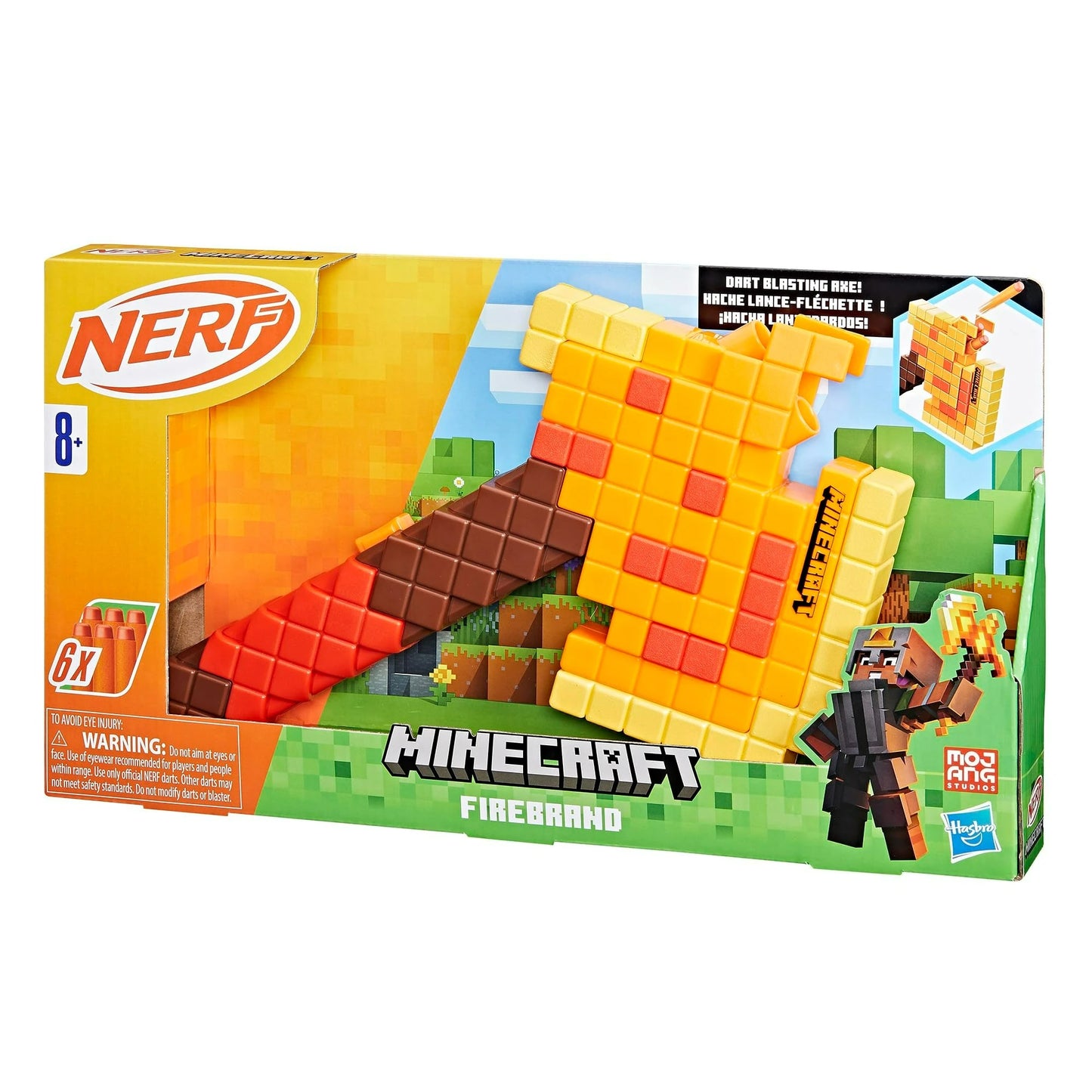 Hasbro Nerf Minecraft Firebrand, Dart Blasting Axe, 6 Nerf Elite Foam Darts, Pull Down Priming, Minecraft Toys F8954