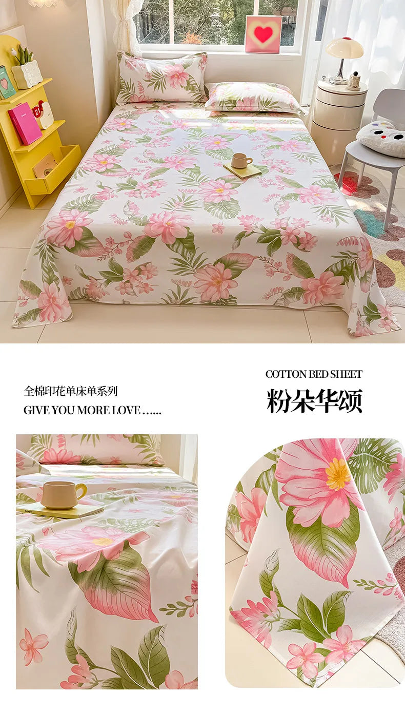 1pcs 100% Cotton Bed Sheet Flower Series Printed Double Top King Sheets for Girls Boys Kids Single Queen King Size Bed Linen