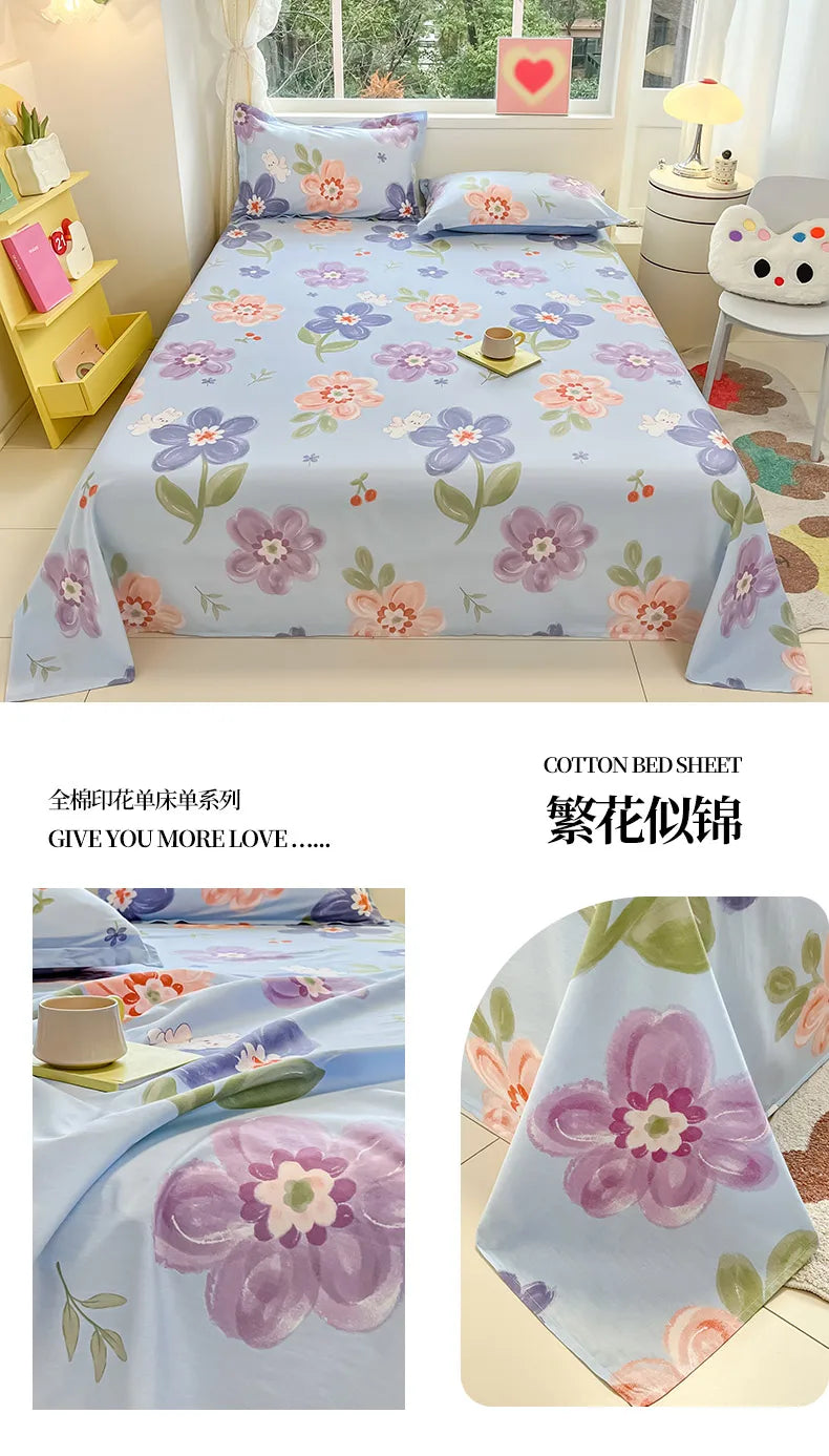 1pcs 100% Cotton Bed Sheet Flower Series Printed Double Top King Sheets for Girls Boys Kids Single Queen King Size Bed Linen