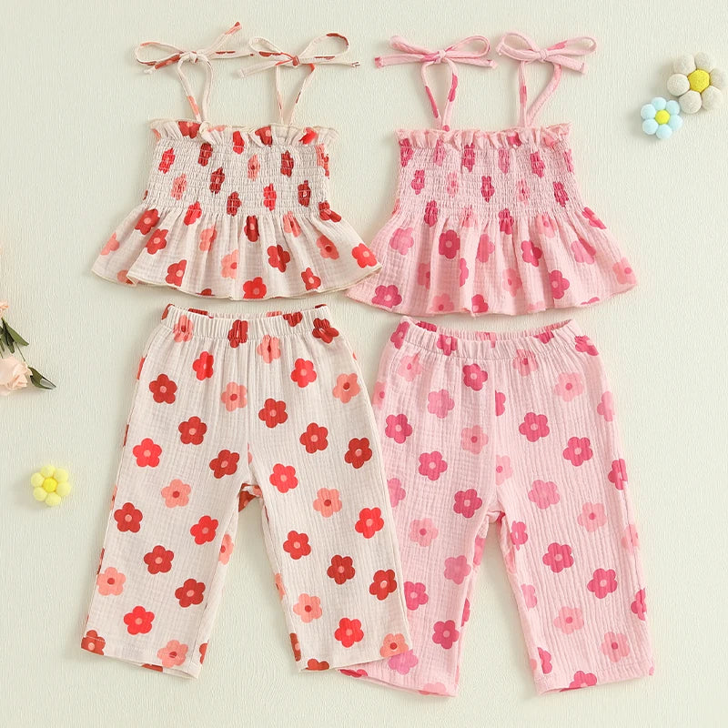 Girls Floral Print Sleeveless Top and Pants Set Tie-up Pleated Camisole with Trousers Summer Outfit for Kids
