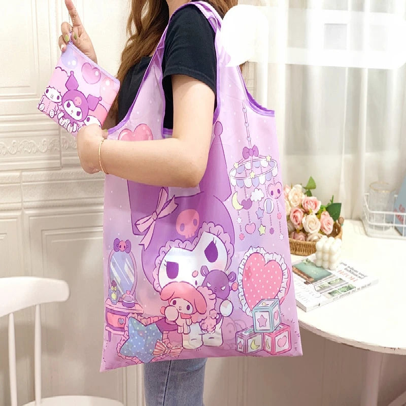 My Melody Sanrio Reusable Tote Bag Kuromi Portable Grocery Shopping Bag Hello Kitty Cinnamoroll Eco-Friendly Bag Be Folded