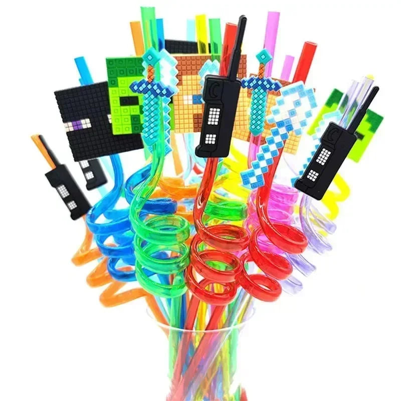 8pcs MineCraftes Straw Reusable My World Miner Plastic Spiral Drinking Straws Kids Birthday Party Decorations Juice Straws