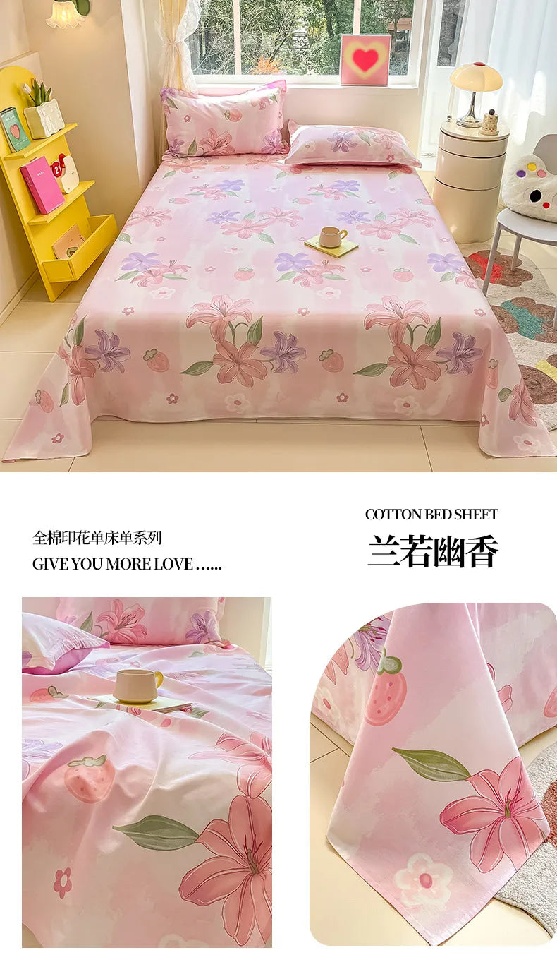 1pcs 100% Cotton Bed Sheet Flower Series Printed Double Top King Sheets for Girls Boys Kids Single Queen King Size Bed Linen